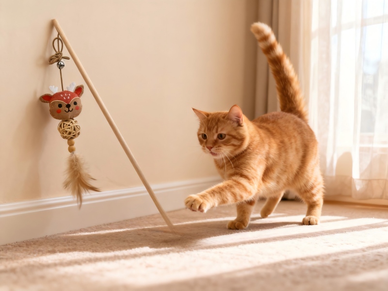 Burlap Deer Cat Teaser Wand with Rattan Ball & Feather