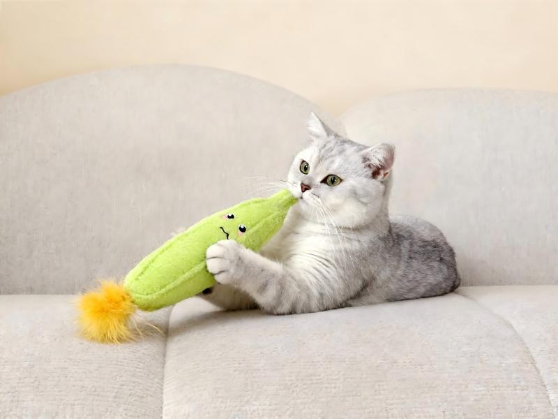 Cute Green Loofah Plush Cat Toy with Yellow Feather - Interactive Teaser Toy