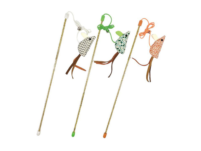 Eco-Friendly Recycled Fabric Catnip Cat Teaser Wand with Mouse&Plastic Wand