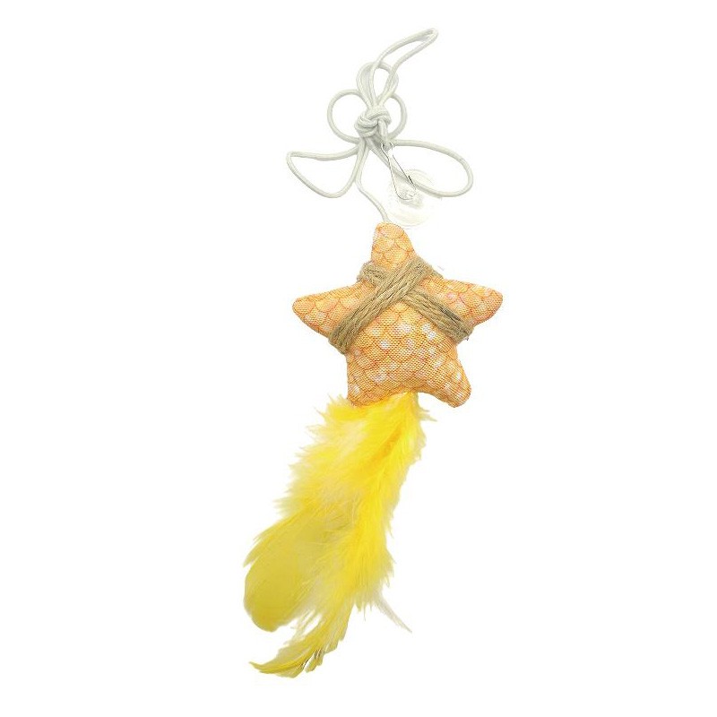 Recycled Fabric Star Cat Toy with Suction Cup & Yellow Feather