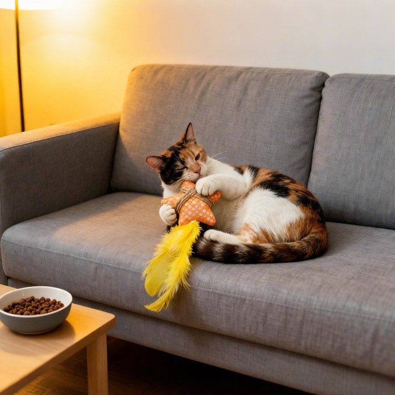 Recycled Fabric Star Cat Toy with Suction Cup & Yellow Feather