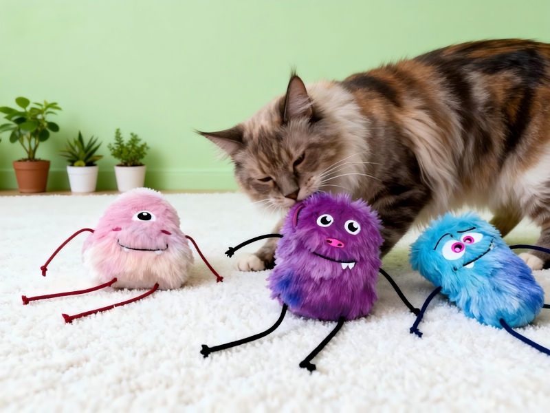 3-Pack Colorful Fuzzy Monster Plush Pet Toys - Interactive Cat Play Toys