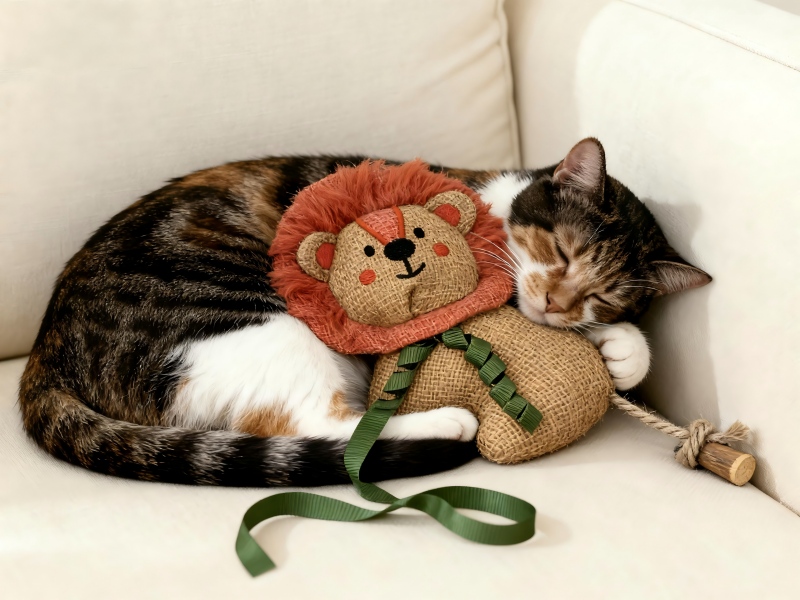 Burlap Lion Pet Toy with Wooden Tail - Interactive Textured Chew Toy for Cats & Dogs